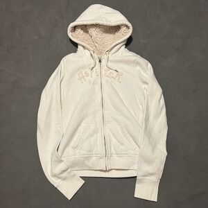 Y2K Abercrombie & Fitch Womens Sherpa Lined Full Zip‎ Hoodie Logo White Medium